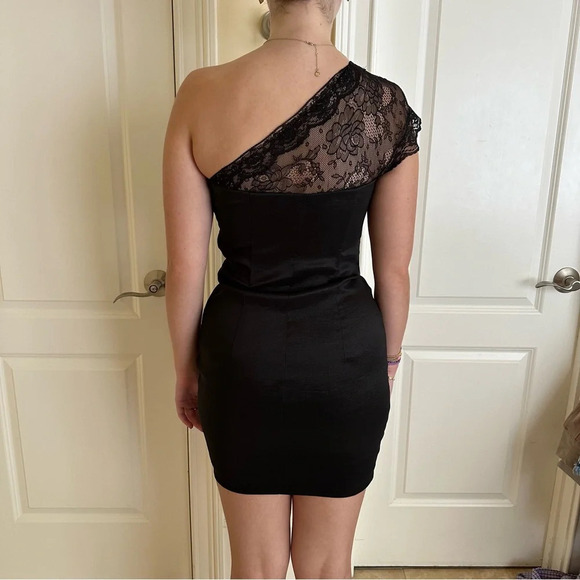 Vintage Jessica McClintock sz 8 One Shoulder Lace Cocktail Dress Ruched Stretch - Picture 4 of 16